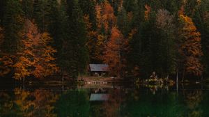 Preview wallpaper forest, house, autumn, lake, italy