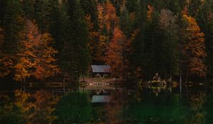 Preview wallpaper forest, house, autumn, lake, italy