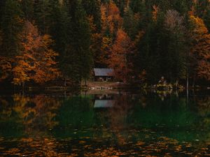 Preview wallpaper forest, house, autumn, lake, italy