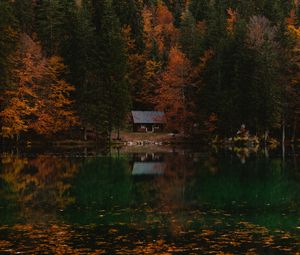 Preview wallpaper forest, house, autumn, lake, italy