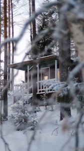 Preview wallpaper forest, house, trees, snow, winter, nature