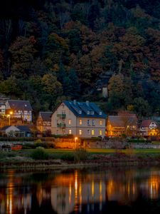 Preview wallpaper forest, houses, lake, reflection, landscape