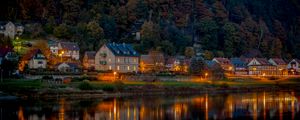 Preview wallpaper forest, houses, lake, reflection, landscape