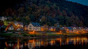 Preview wallpaper forest, houses, lake, reflection, landscape