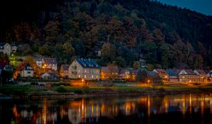 Preview wallpaper forest, houses, lake, reflection, landscape