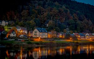 Preview wallpaper forest, houses, lake, reflection, landscape