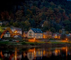 Preview wallpaper forest, houses, lake, reflection, landscape