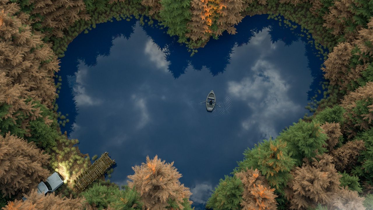 Wallpaper forest, lake, boat, heart