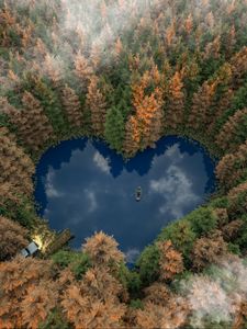 Preview wallpaper forest, lake, boat, heart