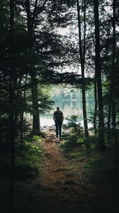 Preview wallpaper forest, lake, man, tourist, trees, nature
