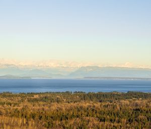 Preview wallpaper forest, lake, mountains, horizon, fog, clouds