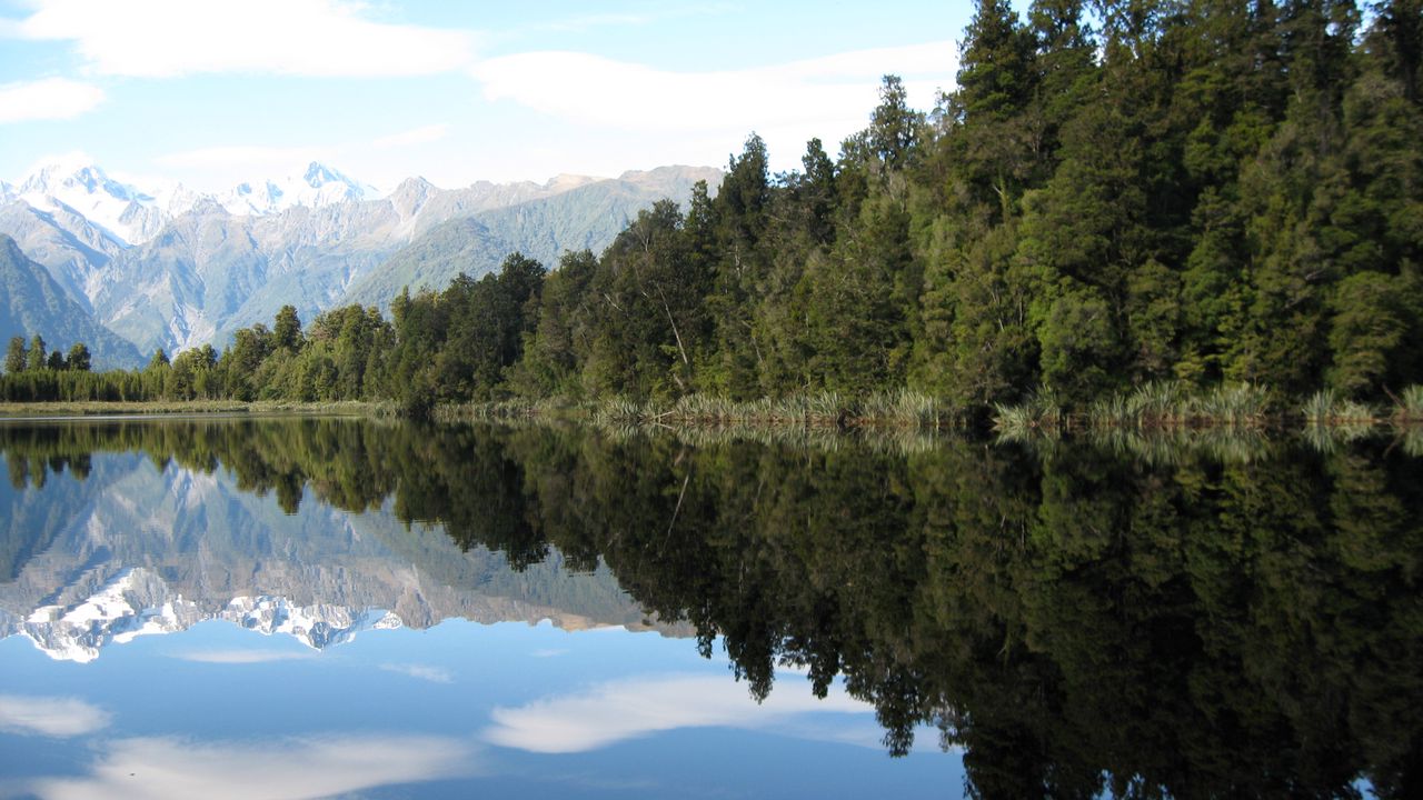 Wallpaper forest, lake, mountains, sky, landscape