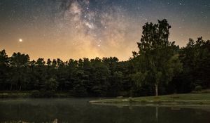 Preview wallpaper forest, lake, starry sky, nebula, stars