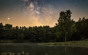 Preview wallpaper forest, lake, starry sky, nebula, stars