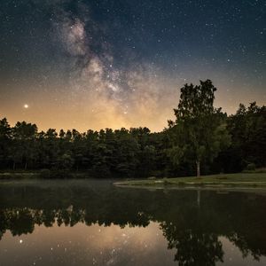 Preview wallpaper forest, lake, starry sky, nebula, stars