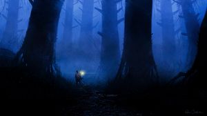 Preview wallpaper forest, loneliness, art, lantern, trees, fog