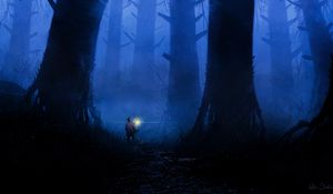 Preview wallpaper forest, loneliness, art, lantern, trees, fog