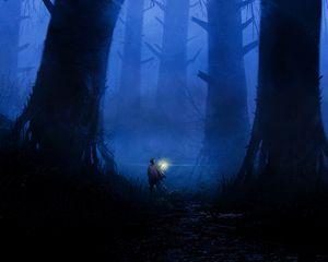 Preview wallpaper forest, loneliness, art, lantern, trees, fog