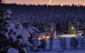 Preview wallpaper forest, moon, house, night, snow, winter