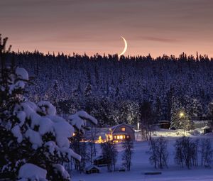 Preview wallpaper forest, moon, house, night, snow, winter