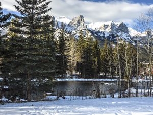 Preview wallpaper forest, mountains, river, winter, snow, nature