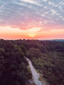 Preview wallpaper forest, path, aerial view, sunset, horizon