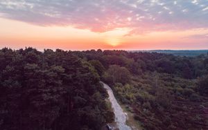 Preview wallpaper forest, path, aerial view, sunset, horizon