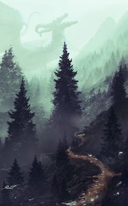 Preview wallpaper forest, path, trees, dragon, art