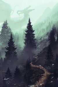 Preview wallpaper forest, path, trees, dragon, art