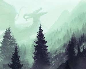 Preview wallpaper forest, path, trees, dragon, art