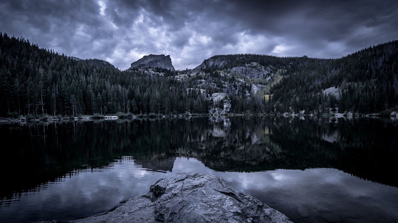 Wallpaper forest, peaks, cloudy, water