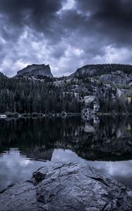 Preview wallpaper forest, peaks, cloudy, water