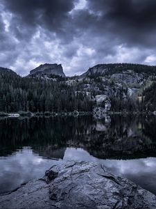 Preview wallpaper forest, peaks, cloudy, water