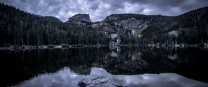 Preview wallpaper forest, peaks, cloudy, water