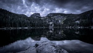 Preview wallpaper forest, peaks, cloudy, water