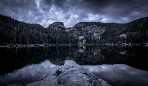 Preview wallpaper forest, peaks, cloudy, water