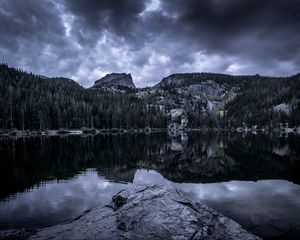 Preview wallpaper forest, peaks, cloudy, water