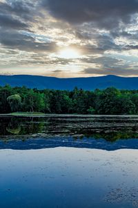 Preview wallpaper forest, pond, mountains, reflection, clouds, sky, landscape