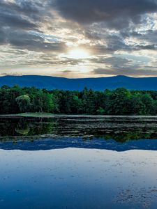 Preview wallpaper forest, pond, mountains, reflection, clouds, sky, landscape
