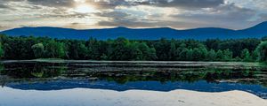 Preview wallpaper forest, pond, mountains, reflection, clouds, sky, landscape