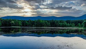 Preview wallpaper forest, pond, mountains, reflection, clouds, sky, landscape