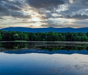 Preview wallpaper forest, pond, mountains, reflection, clouds, sky, landscape