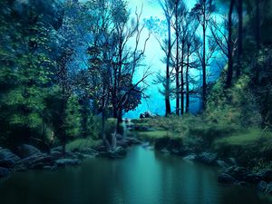 Preview wallpaper forest, pond, water, trees, art