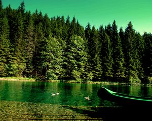 Preview wallpaper forest, river, boat, nature