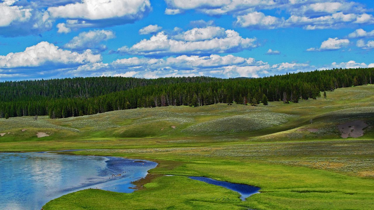 Wallpaper forest, river, hills, clouds, nature hd, picture, image