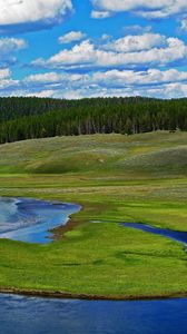 Preview wallpaper forest, river, hills, clouds, nature