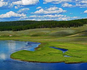 Preview wallpaper forest, river, hills, clouds, nature