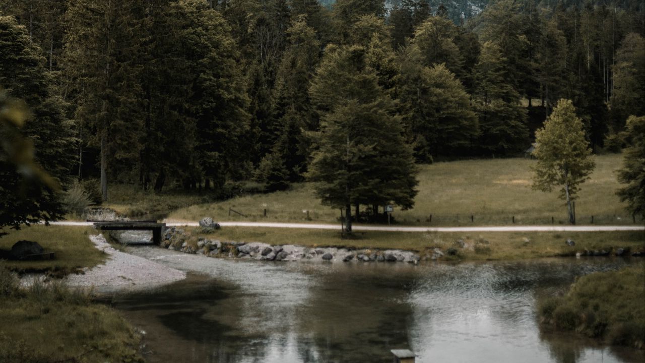 Wallpaper forest, river, mountains, bridge, landscape