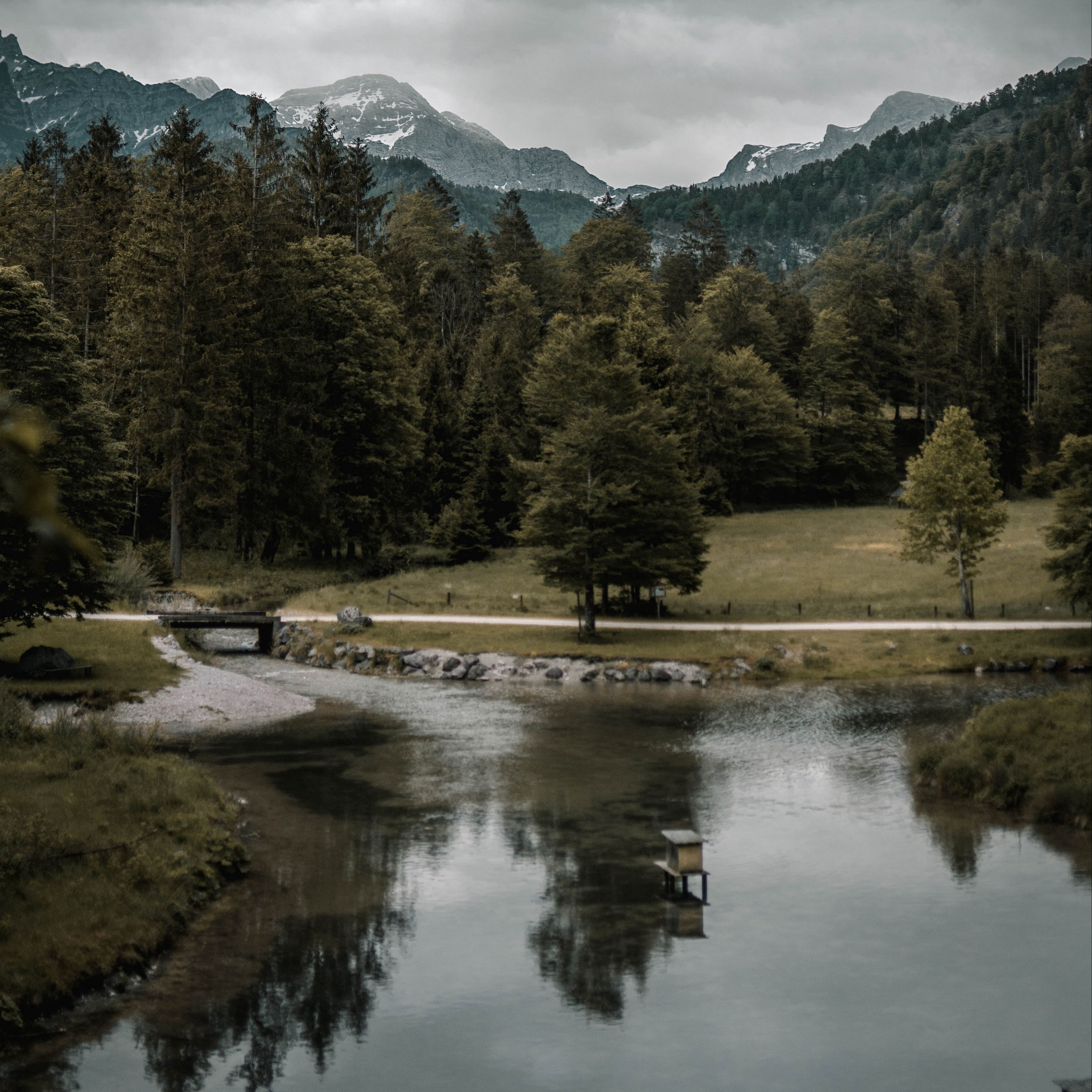 Download Wallpaper 2780x2780 Forest River Mountains Bridge 