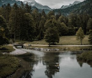 Preview wallpaper forest, river, mountains, bridge, landscape